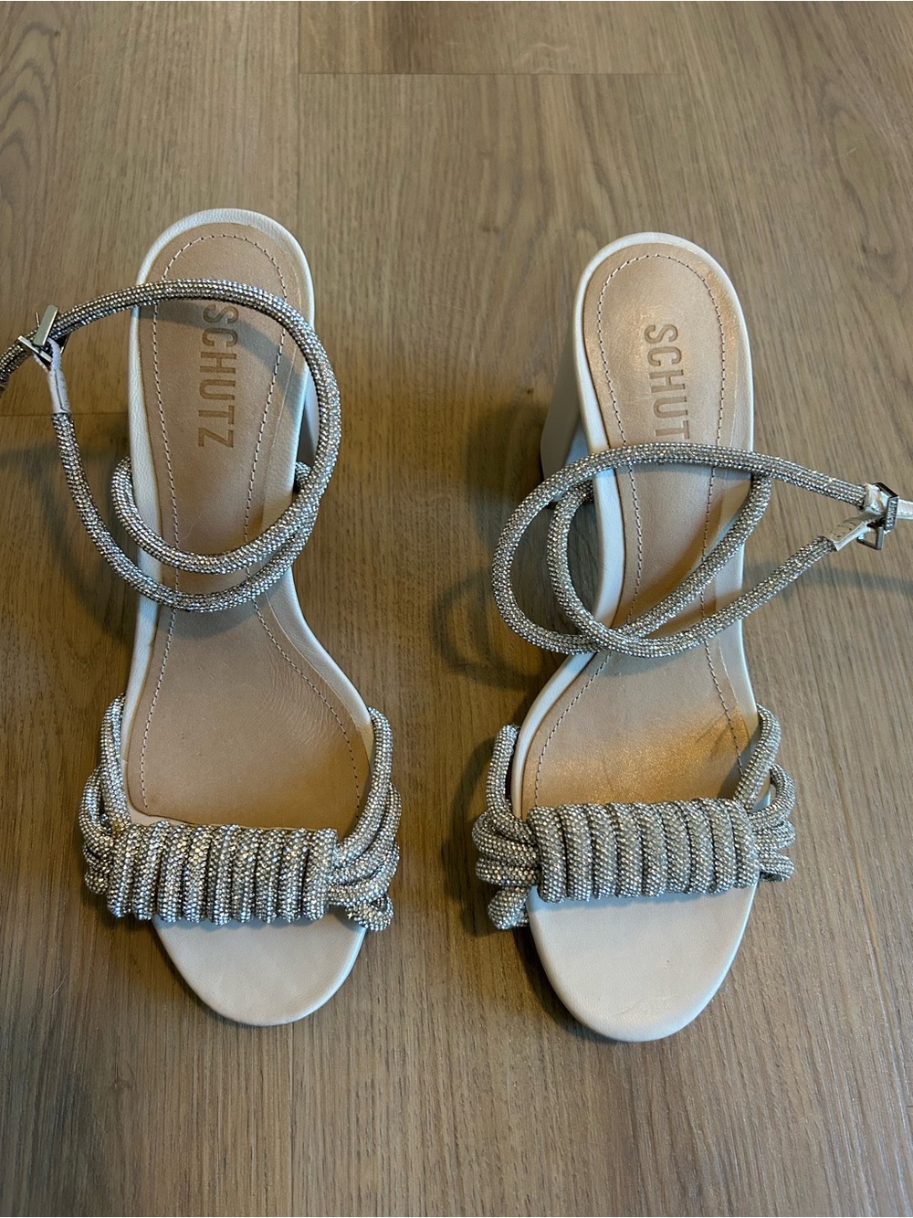 SCHUTZ Jewell Embellished Block Heel Sandals - Crystal Pearl Size 7